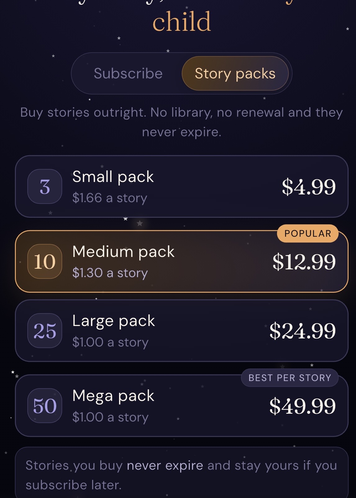 Paid Story Packs screenshot