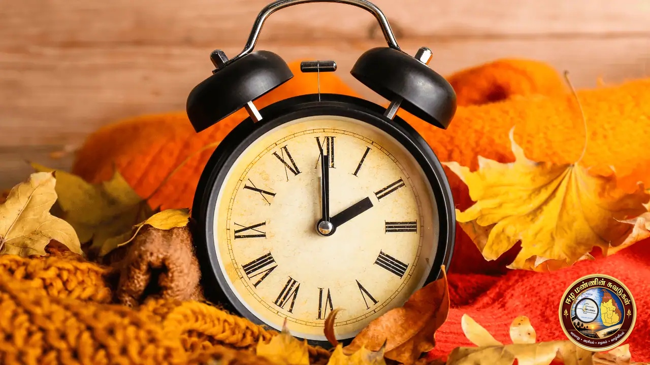 Alarm clock surrounded by autumn leaves