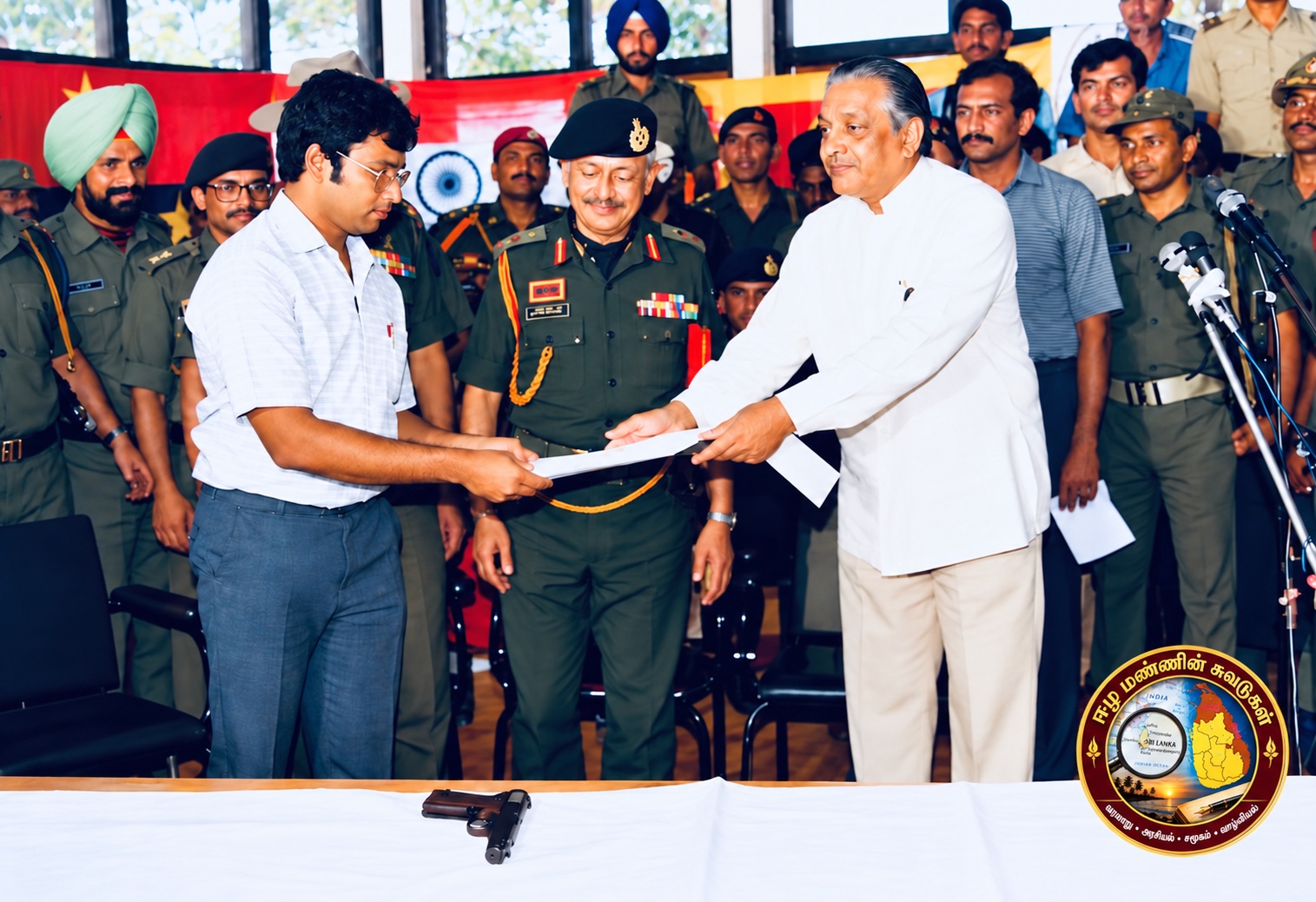 Yogaratnam Yogi and Sepala Attygalle at the Palaly weapons handover ceremony