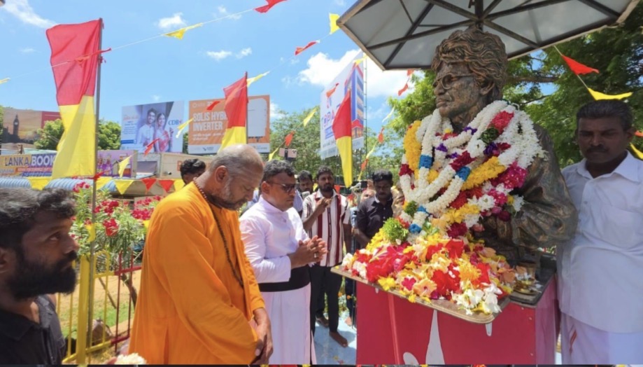 Floral tribute at the bronze statue of Thileepan in Nallur